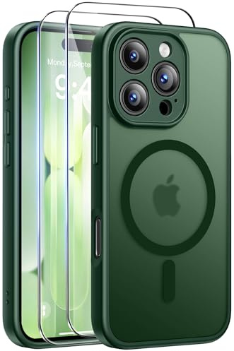 FLLAO Coque pour iPhone 16 Pro Max(6,9 Pouces) avec 2 Verres Trempés, Compatible avec Mag Safe, Coque Mat Translucide Fine Antichoc, PC Dur Housse Arrière Anti-Rayures + TPU Bumper Antichoc, Vert