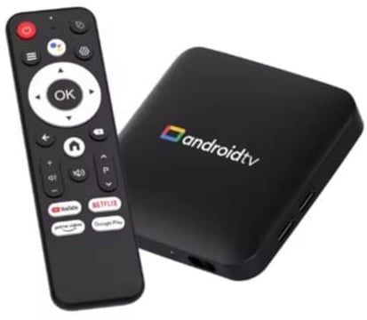Boitier Android TV 4K Multimédia avec Télécommande, Quad Core, WiFi 2.4G/5G, Bluetooth, 2 Go RAM/16 Go ROM, Double USB, HDMI (Cable Inclus), Sortie AV, 110x108x26mm, Android 14