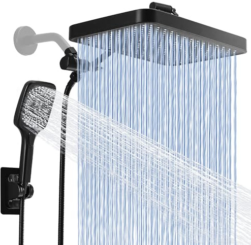 Pommeau de douche à effet pluie avec pulvérisateur à main - Mode lavage puissant intégré - Haute pression réglable - 33 cm - Double pommeau de douche tandem - Pommeau de douche cascade pour salle de