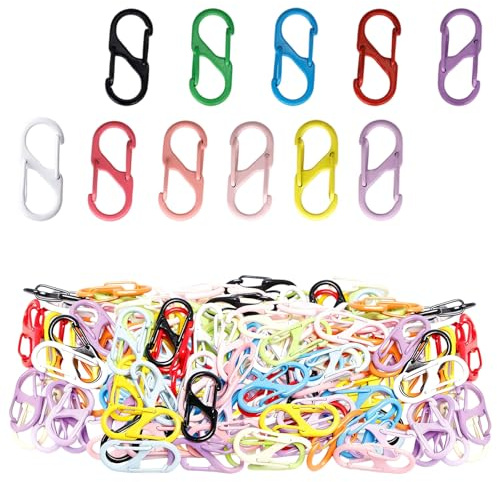 100 Stück Mini S Karabiner, Bunt Karabinerhaken Klein Doppelkarabiner Schlüsselanhänger Set Carabiner für Rucksack Schlüsselbund Outdoor Camping Wandern DIY Zubehör
