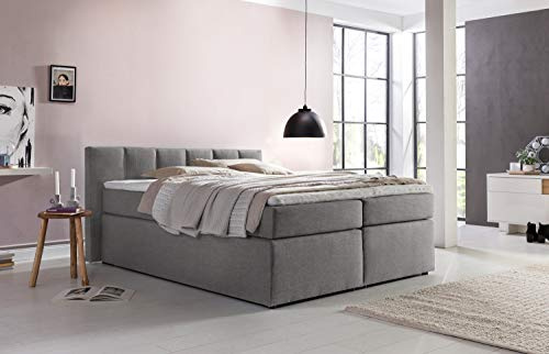 Furniture for Friends Doluna Valina Boxspringbett 180x200 cm H2/H3 in Hellgrau niedriges Kopfteil 90 cm Ideal für Dachschrägen inkl. Visco Topper + 7 Zonen Taschenfederkern-Matratze