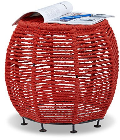 Relaxdays Strick Hocker Shabby Chic, Sitzhocker aus Metall und Stoff, runder Pouf mit Beine HxBxT 35 x 42 x 42 cm, rot