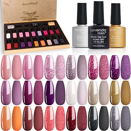 Lavender Violets 21 Stück Gel-Nagellack- UV LED Soak Off Nail Polish Base,Matte,Top Coat Nägel Maniküresets Band Gold Glitzernd Christmas Greeting Gift Set Eleganz Herbst Schimmer Farben F985