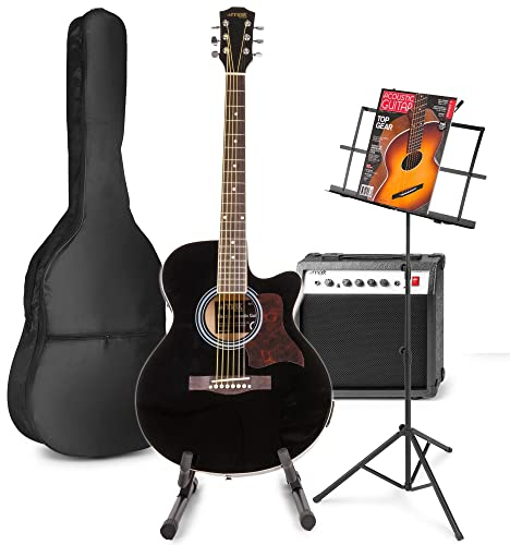 MAX Guitarra Electroacústica Negra con Amplificador 40W - Set Completo con Atril, Soporte, Funda, Afinador Digital, Púas, Correa, Cable y Cuerdas Extra - Ideal para Todos los Niveles