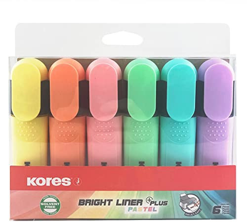 Kores - Pastel Highlighter Pen - Bright Liner Plus, Flat Shaped, Chisel Tip, Universal Water Based-Ink Highlighter Pen with Ergonomic Shape - Stationery School Supplies, Office Supplies - Pack of 6