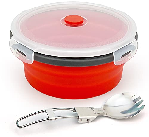 Ewrap 350ml Collapsible Food Container with Airtight Lid, Silicone Camping Bowl with Foldable 2-in-1 Spoon, Space Saving, Portable Lunch Container, Good for Microwave