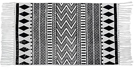 SLDHFE Boho-Badezimmerteppich, 89,9 x 69,9 cm, Schwarz und Weiß, rutschfest, Badematte, mit Fransen, Quaste, bedruckt, für Wohnzimmer, Badezimmer, Küche, Wohnheim