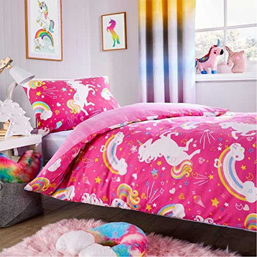 Olivia Rocco Unicorn Rainbow Duvet Cover Set Quilt Duvet Cover Pink with Pillow Case Kids Bedding Set Soft Easy Care Kids Children's Bedding Quilt Bed Cover (Double Duvet Cover Set)