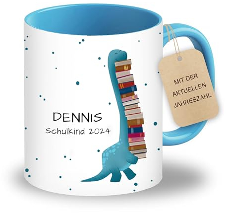 LOOXIS Mug personnalisée pour enfants avec nom, texte et motif - 325ml, céramique, différentes couleurs - Idée cadeau garçon, fille, rentrée scolaire, maternelle - Bleu, Dinosaure des livres