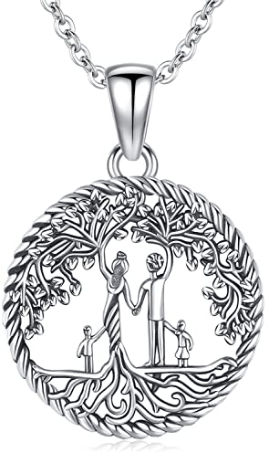 Lebensbaum Kette für Damen 925 Sterling Silber Familie Mutter Kind Baum des Lebens Anhänger Halskette, Geburtstag Muttertag Schmuck Geschenke für Mama Tochter Oma Schwester (B-Mama und 2 Kinder Kette)