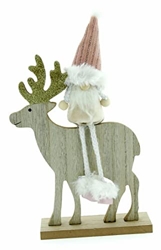 Deko-Figur Wichtel auf Elch, Holz-Figur 25x14x4,5cm, rosa weiß Gold Glitzer, Weihnachts-Deko Weihnachten