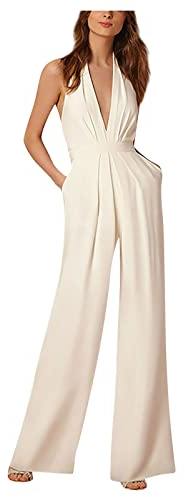 Jumpsuit Damen Halfter Overall Tiefer V-Ausschnitt Armellos Romper Einteiler Elegant Lang Hosenanzug Rückenfreie Playsuit Einfarbig Strampler Hosenanzug Arbeit Jumpsuits
