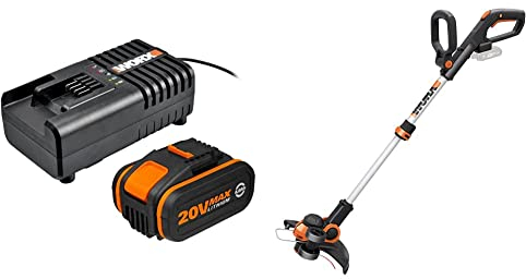 PACK WORX Coupe-Bordures 2 en 1 sans Fil 20V WG163E.9 + Kit batterie 4ah, chargeur rapide, diamètre de 30 cm, se transforme en dresse-bordures, poignée Amovible, capot de protection, tête amovible 90°