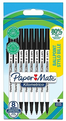 PAPER MATE Kilometrico Kugelschreiber | lange Schreibdauer mit mittlerer Spitze (1,0 mm) | schwarze Tinte | 80% recyceltes Plastik | 8 Stück