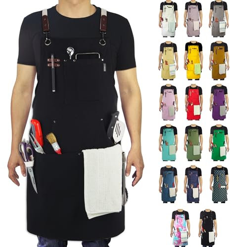 Stenffy Kitchen Apron, Work Apron, Canvas, Multiple Pockets, Gardening, Painting, BBQ, Artist, Carpenter, Sizes M to XXL, Black