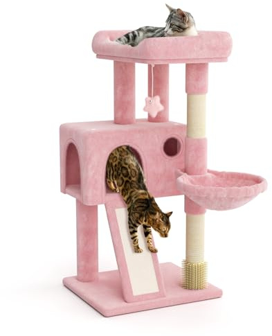 Magshion Kratzbaum mit Hängematte, Kratzbaum und Rampe, 91,4 cm, Katzenbaum mit Katzenhöhle für Kätzchen, Kletterständer mit Plüschball für Spielruhe, weiches Rosa