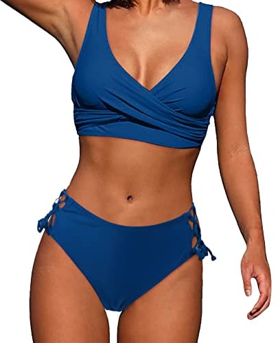 High Waisted Bikini Set Pink, Two Piece Beach Wear, Criss Cross Bikini Set Push up Bikini Top with Bikini Halter Neck Underwired Padded Bikini Holiday Essentials Running Hiking