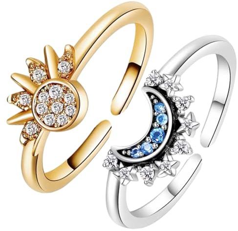 DALAETUS 2 Stück Sonne und Mond Ring Set, Stapelbare Himmlisches Sonne- und Mondring-Set, Funkelnd Matching Ringe Verstellbar, Geschenk für Frauen Mädchen Damen