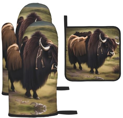 Mighty Highland Yak Ofenhandschuhe und Topflappen, Grillhandschuhe und Halter zum Kochen, Backen (3-teiliges Set)