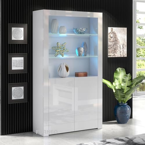Furneo Clifton 20 – White Display Cabinet, Modern 2-Door Cupboard, High Gloss & Matt Finish, Blue LED Lights