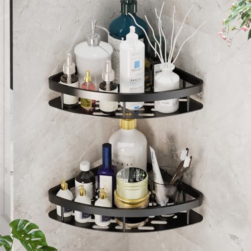 JUVEL Duschregal Ohne Bohren Ecke- 2 Stück Selbstklebend Matte Finish Duschregal Rostschutz Duschablage und Shampoo Halterung für Dusche, Küche Badezimmer Organizer Einfache Montage (Schwarz)