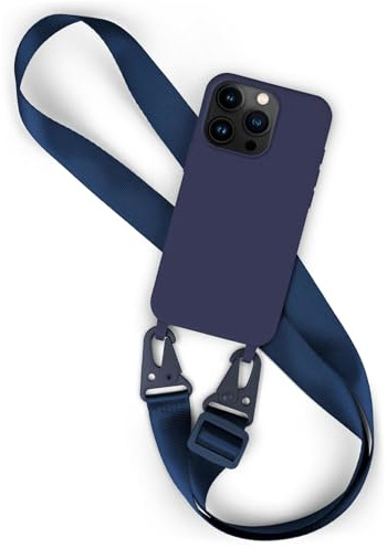 moex Hover Cover für Apple iPhone 15 Pro Handykette mit breitem Band, Hülle mit Band zum Umhängen, abnehmbare Nylon Kette mit Karabiner, stylisch und extrem robust – Navy Blau