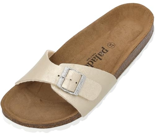 Palado Pantoletten Damen Malta Metallic SQS - elegante Sandalen Made in Spain - bequeme Hausschuhe mit Kork-Fußbett - modische Sommerschuhe Gold UK7 - EU40