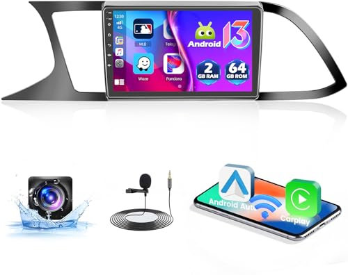 Hikity 2+64G Android Radio Coche CarPlay Inalámbrico para Seat Leon MK3 2013-2019, Pantalla Táctil de 9 Pulgadas Autoradio Bluetooth GPS FM/RDS Dab+ Cámara Trasera