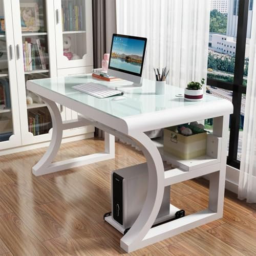QTQHOME Computer Desk with Storage Shelves, Gaming Table with Tempered Glass Top and Metal Frame, Modern Simple Writing Desk Table for Home Office Workstation(100cm/39inch, D)