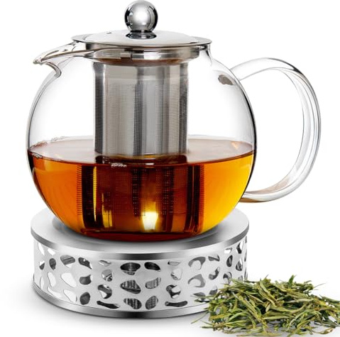 Umllpet Glas Teekanne und Stövchen Set, 1300ml Glasteekanne mit Siebeinsatz mit Teewärmer Edelstahl, Teekanne aus Glas mit abnehmbarem Teesieb, Teebereiter mit Sieb & Teelichtofen für Alle Tee