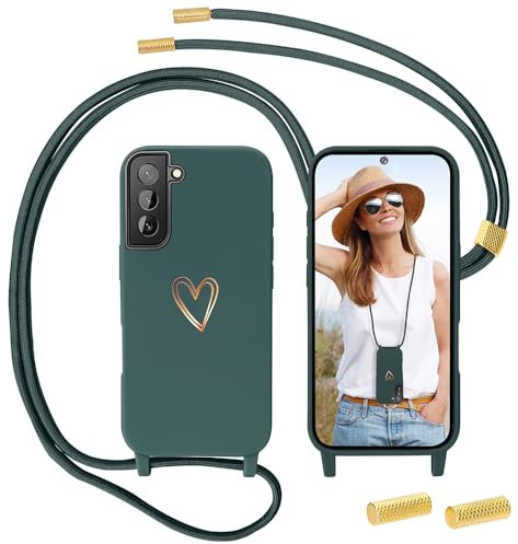 Handyband für Samsung Galaxy S22 5G Hülle mit Band, MoEvn Necklace Handyhülle mit Kordel für zum Umhängen Herz Muster Silikon Case Stoßfeste Schutzhülle mit Abnehmbar Kette für Samsung S22, Grün