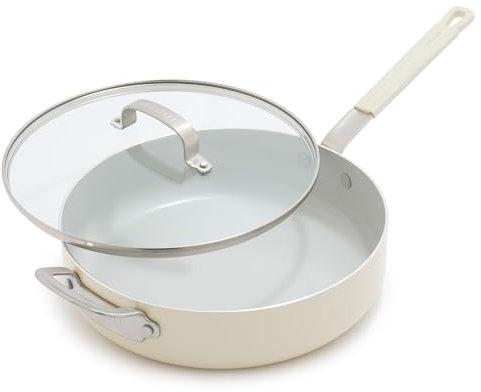 GreenPan x Bobby Flay 4.5QT Nonstick Saute Pan with Glass Lid, PFAS-Free Diamond Ceramic, Induction Suitable, Stay-Cool Silicone Handle, Easy Clean Dishwasher & Oven Safe, Cream