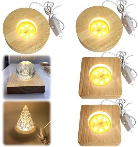 GOMETY 4 Stück Holz LED Lichtsockel, USB Led Leuchtsockel für Acrylglas Warme Farbe Holzsockel Ständer Quadrat/Rund LedLeuchten Display Basis für Kristallg Lensball Glas Acryl (Warme Farbe, 4)