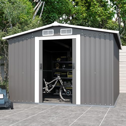 Geräteschuppen für den Außenbereich, aus Metall, korrosionsbeständig und wasserdicht, geeignet für Terrasse, Rasen und Garten, 246 × 301 × 178 cm, Grau