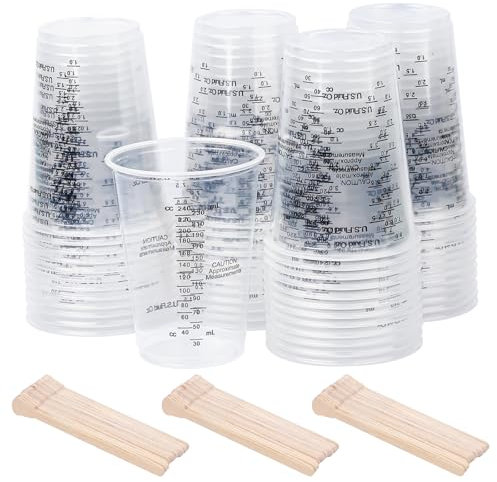 TAIHOBO 50PCS Plastic Measuring Cups 240ml, Paint Mixing Cups with 50 Wooden Sticks, Transparent Small Measuring Cup, Epoxy Resin Accessories with Graduated for Liquids Paints Pigments Cooking