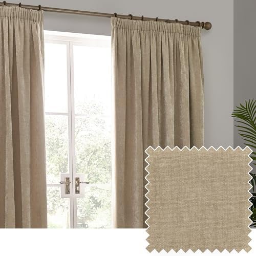 furn. Yard Heavy Chenille Pencil Pleat Curtain Pair – Lined Room Darkening Soft Velvet Curtains (Natural - Width 168 x Drop 183cm)