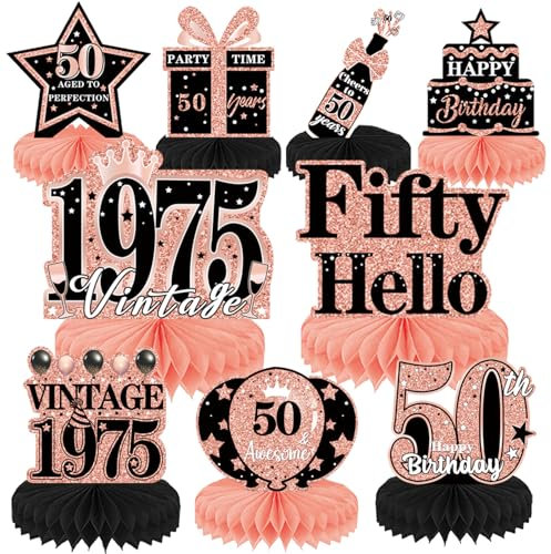 Luvart 50th Birthday Decorations Women - Rose Gold Table Decorations for 50th Birthday Party Honeycomb Centerpieces Decor 9PCS Vintage 1975 Party Supplies for Woman