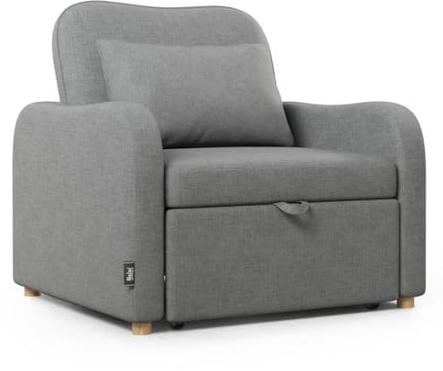 Nalui-Sofá Cama 1 Plaza 3 en 1 Buddy 92x97x90cm con Respaldo Ajustable 2 Posiciones y Almohada. Sofá Cama Individual de Lino, Soporta hasta 200Kg. Sillón Relax Reclinable con Reposabrazos, Marengo
