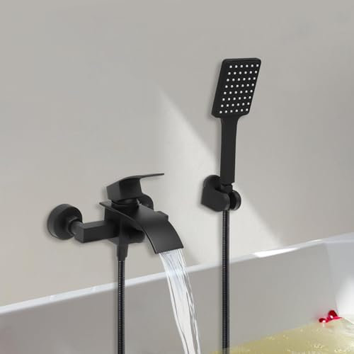HUSPOO Badewannenarmatur Wasserfall Schwarz mit Handbrause, Badarmatur Badewanne Mischbatterie aus Messing, 5 Funktionen Duschkopf mit Schlauch Set für Bad