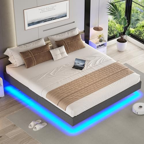 Brinlawb Cadre de Lit 160x200 avec sommier à Lattes, Hauteur 26 cm, Lit Double 160x200 cm avec des Lumières LED lit 2 Place avec Structure en métal et Lattes en Bois Massif, Revêtement Tissu Gris