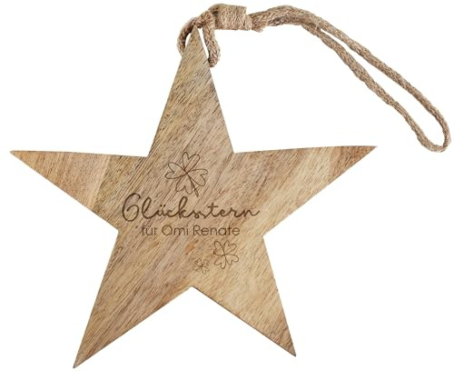 Herz & Heim® Weihnachtsstern aus Holz mit Gravur personalisiert, zum Aufhängen (Glücksstern, 20 cm)