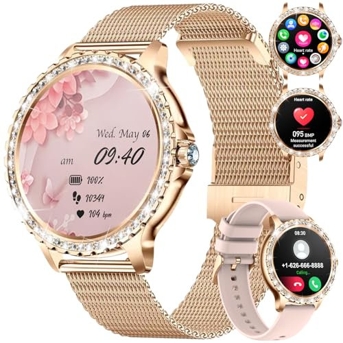 Women Smart Watch Bluetooth Phone Calls for Android iOS 100+ Sport Fitness Tracker 1.32 HD Female Smartwatch Heart Rate Sleep Monitor Diamond Ladies Smartwatch Rose Gold Mesh,2 Watch Straps