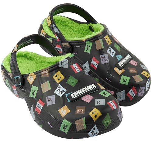 Get Trend Minecraft Clogs for Boys Winter Fleece Lining, Kids Teens Creeper Warm Garden Shoes Slip On Strap, Gamer Gifts (5/6 UK, Multi Minecraft)