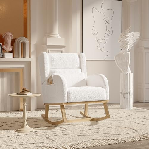 BHFFTHK Schaukelstuhl Sessel Relaxsessel Schaukelsessel mit Fußstütze,Stillstuhl Schwingstuhl mit Samtstoff und Lendenkissen & 2 Seitentaschen, Bequemer Lesesessel für Wohnzimmer (Weiß+Taille)