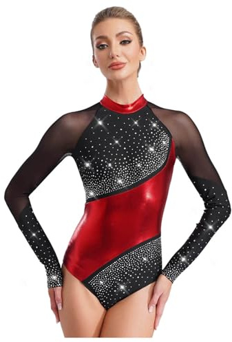 Agoky Damen Glitzer Gymnastikanzug Langarm Metallic Turnanzug Mesh Spleiß Eiskunstlauf Anzug Ballett Tanz Leotard Bühne Bekleidung