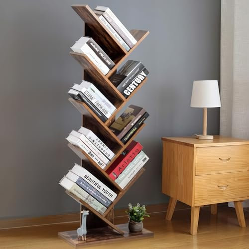 ADOV Tree Bookshelf, 9-Tier Floor Standing Book Shelf, 120x26cm Wooden Display Shelves Tall Bookcase, Rustic Brown Bookshelves, Book Storage Shelving Units for Living Room, Bedroom, Home Office