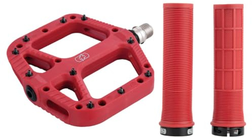 Oxford MTB Grip & Pedal Set – Lock-On Grips + Loam 2.0 Nylon Flat Pedals | Mountain Bike Components, Colour-Matched Pair – Red - Trail Riding, Enduro Biking, Enhanced Grip & Control