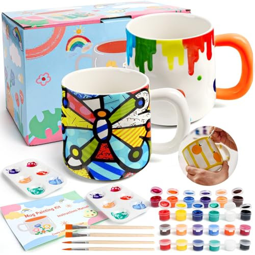 Kit de Pintura de Cerámica, 2 Piezas Taza de Cerámica para Pintar Personalizada con Colores, Pinceles e Paleta, DIY Tazas para Pintar Tu Propia, Kit de Pintura de Tazas para Adultos y Niños