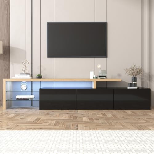 Meuble TV Moderne, Design élégant et raffiné, rangements Pratiques, Noir Brillant, Aspect Bois, étagères en Verre, éclairage LED. Meuble TV de Salon