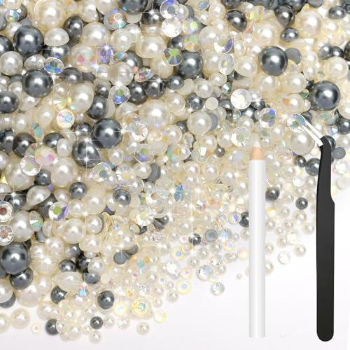 Bouiexye 80g Mix Flatback Pearls Silver Gray Rhinestones for Clothes Half Round Pearls Gems Rhinestones for Crafts Face Nail Art Bottles Tumblers Shoes Gift DIY Bedazzling (Size 2mm-10mm)
